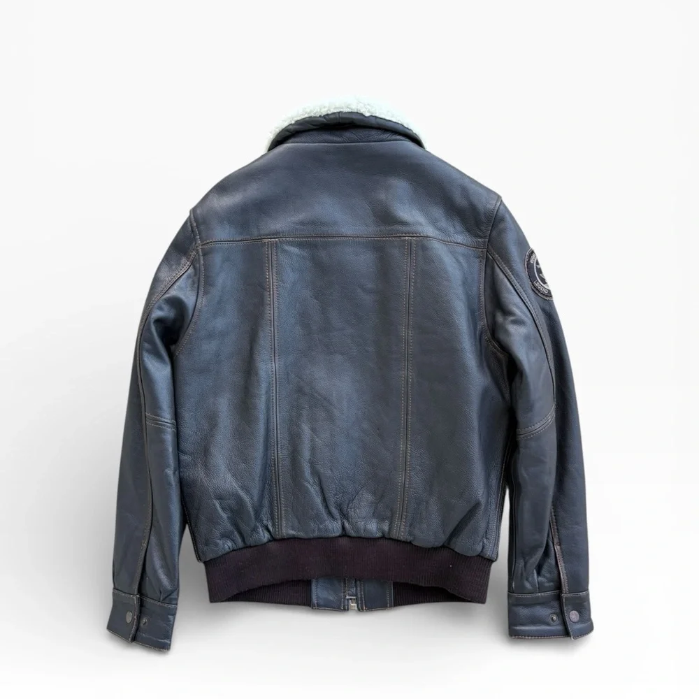 Vintage European Transmission Leather Bomber Jacket Sherpa Collar Men’s Large - Picture 2 of 12